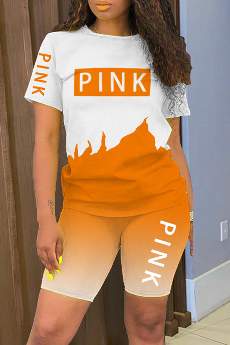 Tangerine Red Street Print Letter O Neck Short Sleeve Two Pieces