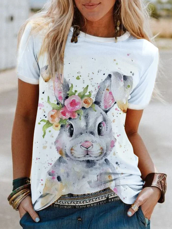 Women's Cute Watercolor Bunny Print Casual Tee