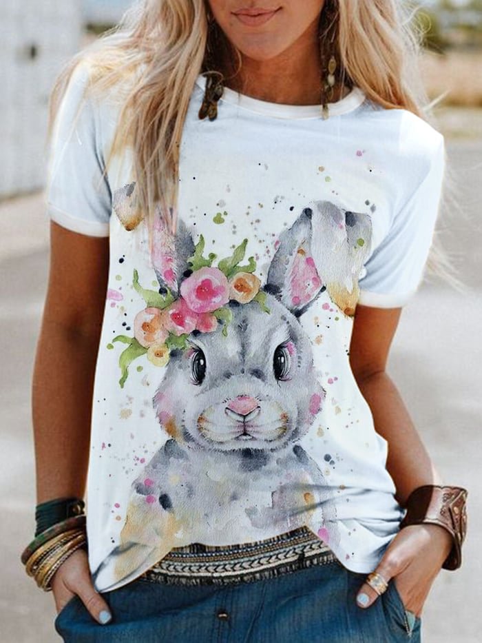 Women's Cute Watercolor Bunny Print Casual Tee