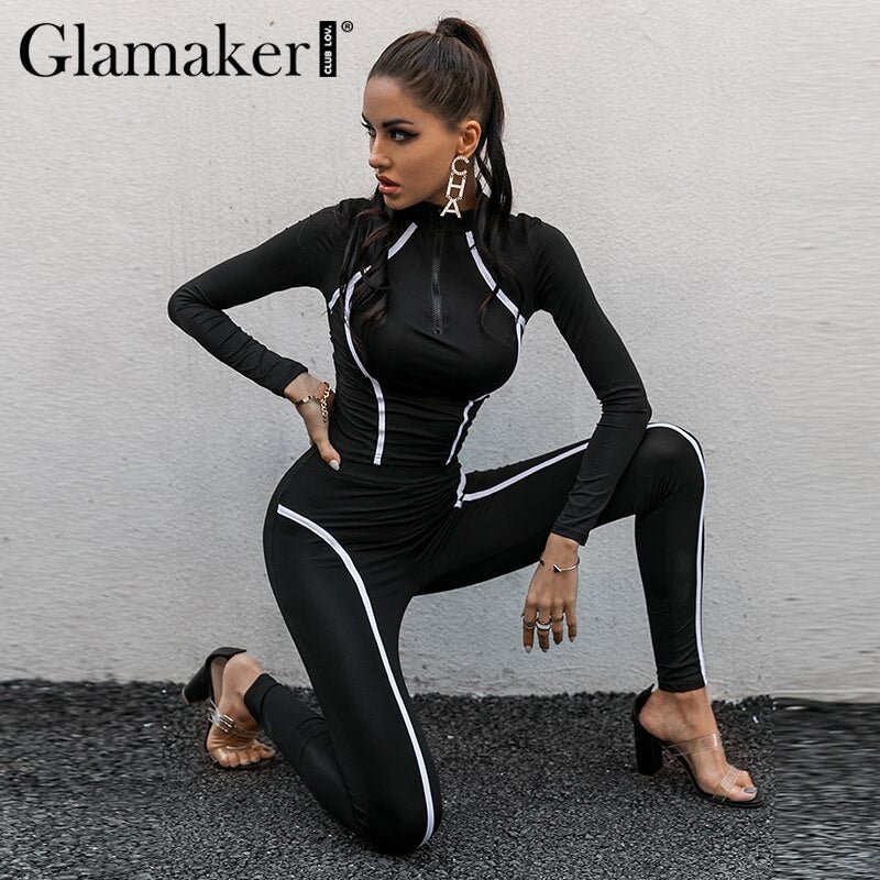 Glamaker Bodycon 2 piece set patchwork top and pants Women sportswear black sweatpants all-match jumpsuit 2020 new