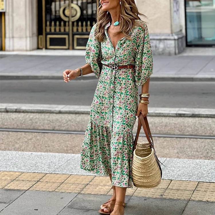 Fashion Print Elegant Balloon Sleeve Shirt Casual Beach Boho Midi Dress