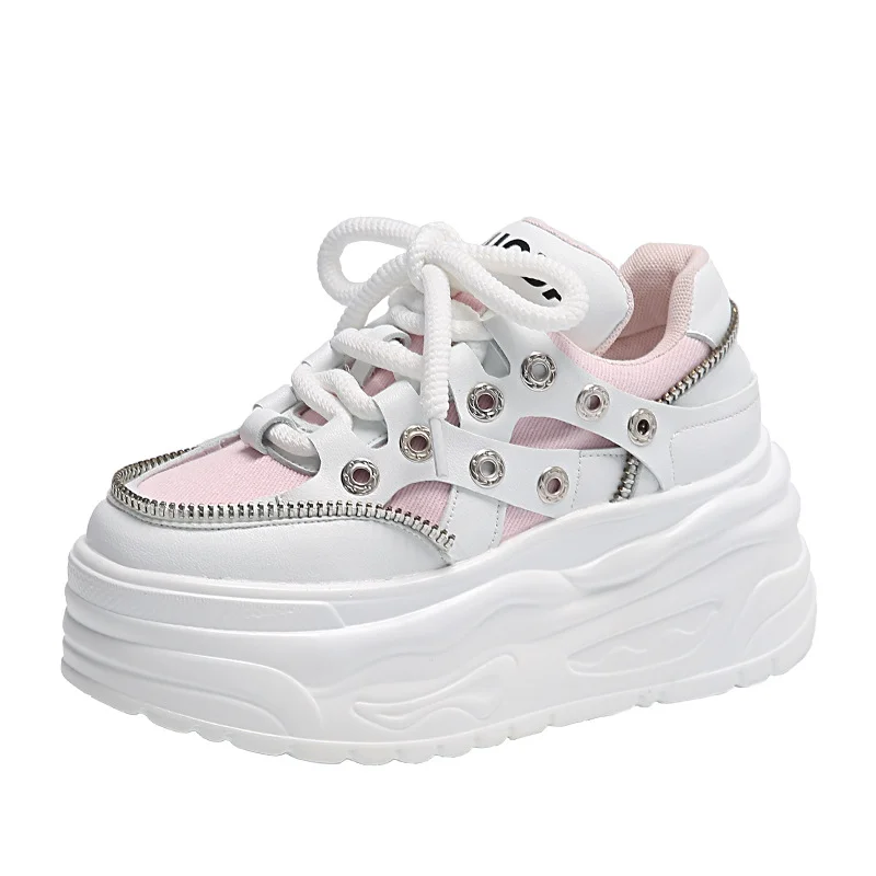 Tanguoant Tanguoant Sole Small White Shoes Female 2024 Autumn New Fashion Rivets Small Show Thin Loose Cake Shoes Lace Casual Sports Shoes