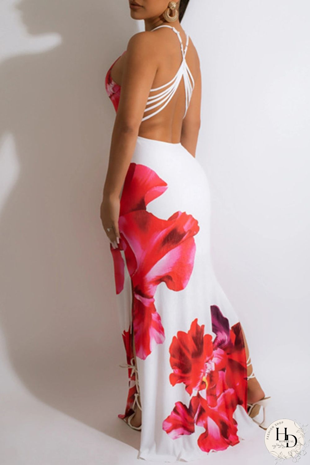 Black Fashion Sexy Print Backless Slit Spaghetti Strap Long Dress