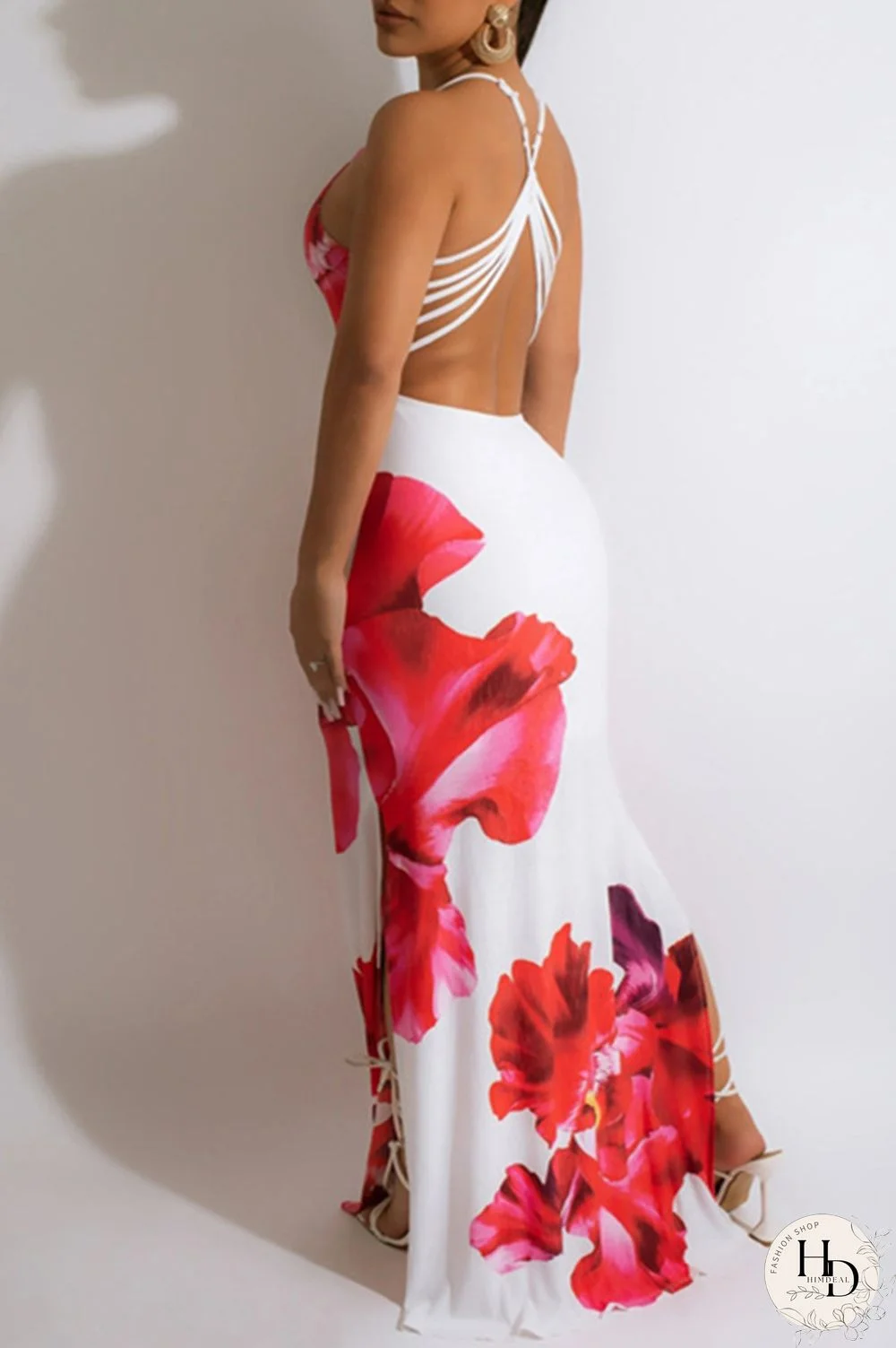 Black Fashion Sexy Print Backless Slit Spaghetti Strap Long Dress