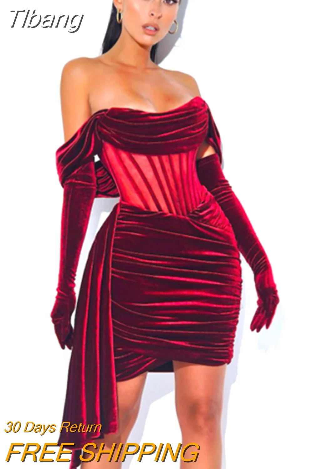 Tlbang Draping Off Shoulder Corset Dress 2023 Sexy Velvet Slim Bodycon Mini Dress Women Short Sleeve Fashion Evening Club Dres