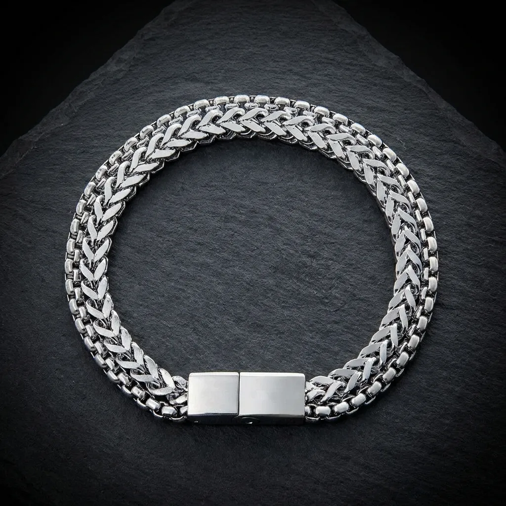 JiStones Signature Double-Row Woven Chain Bracelet Polished Silver | 19cm (7.5")