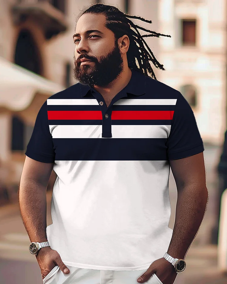 Two Tone Striped Printed Large Black Men's Polo T-shirt