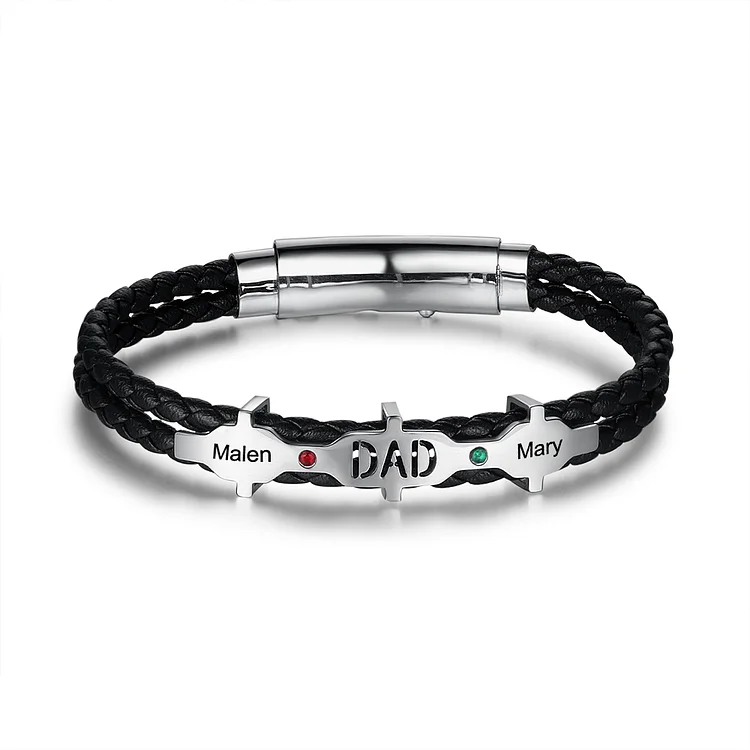 Personalized Men Leather Bracelet Engraved Name And Birthstones Bracelet Gift for Dad