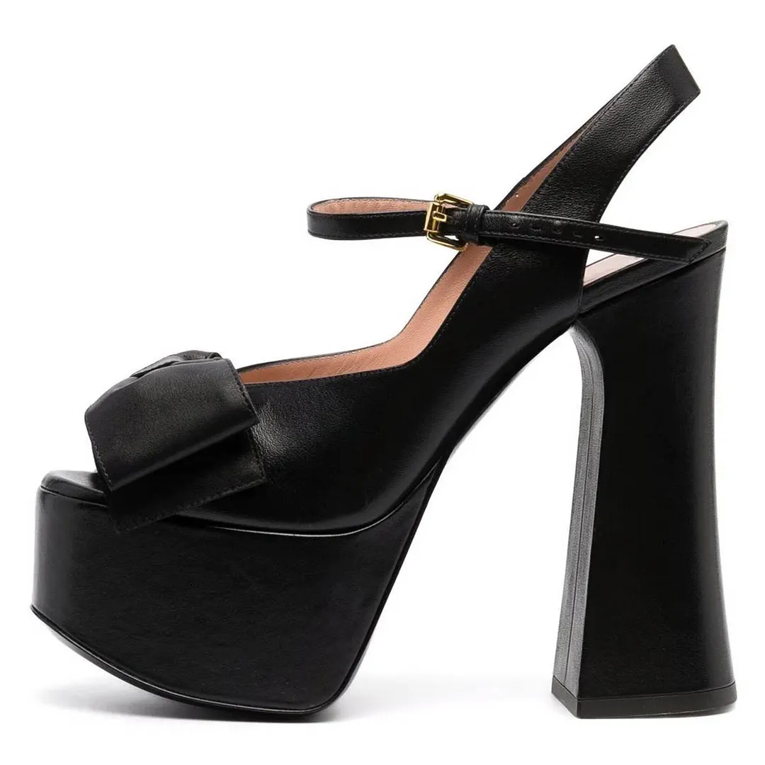 Peep Toe Chunky Heel Bow Slingback Buckle Strap Black Platform Sandals