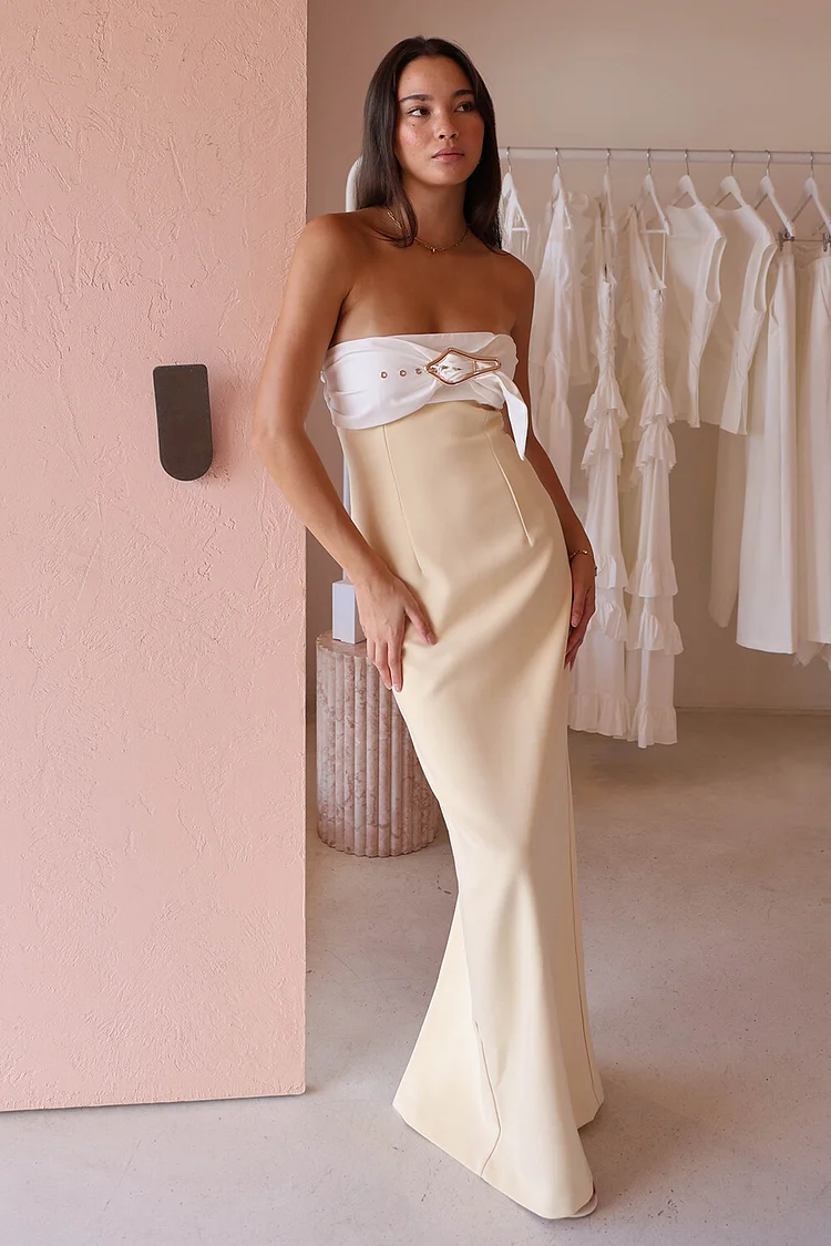 Boat Neck Colorblock Strapless Slim Fit Maxi Dresses-Yellow [Pre Order]