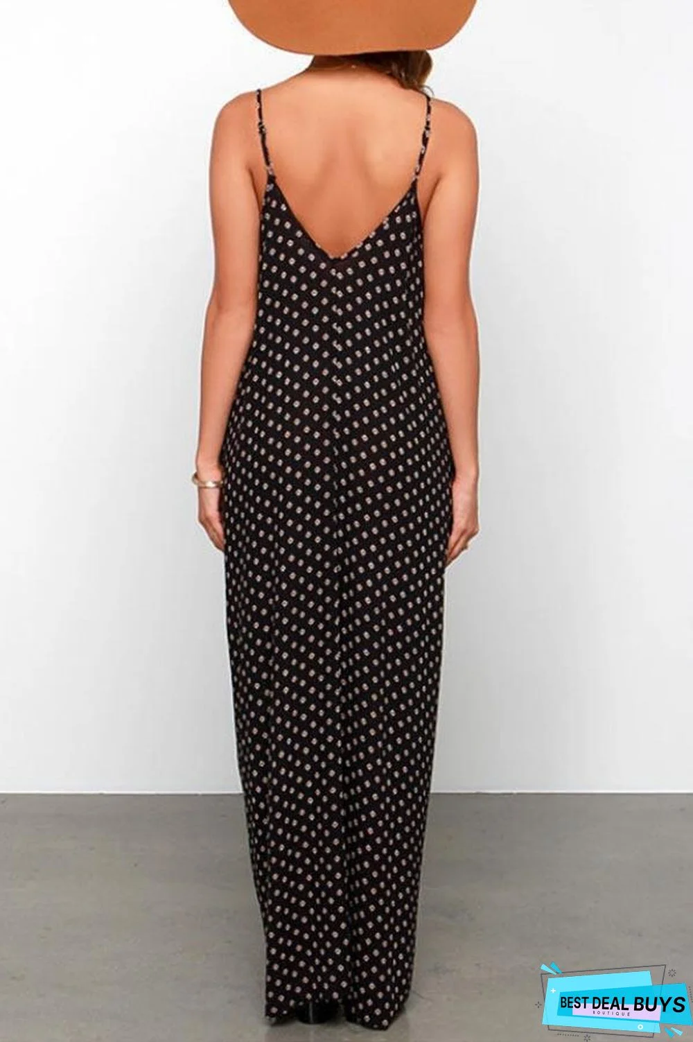 Pockets Polka Dots Spaghetti Backless Maxi Dress Black Dresses
