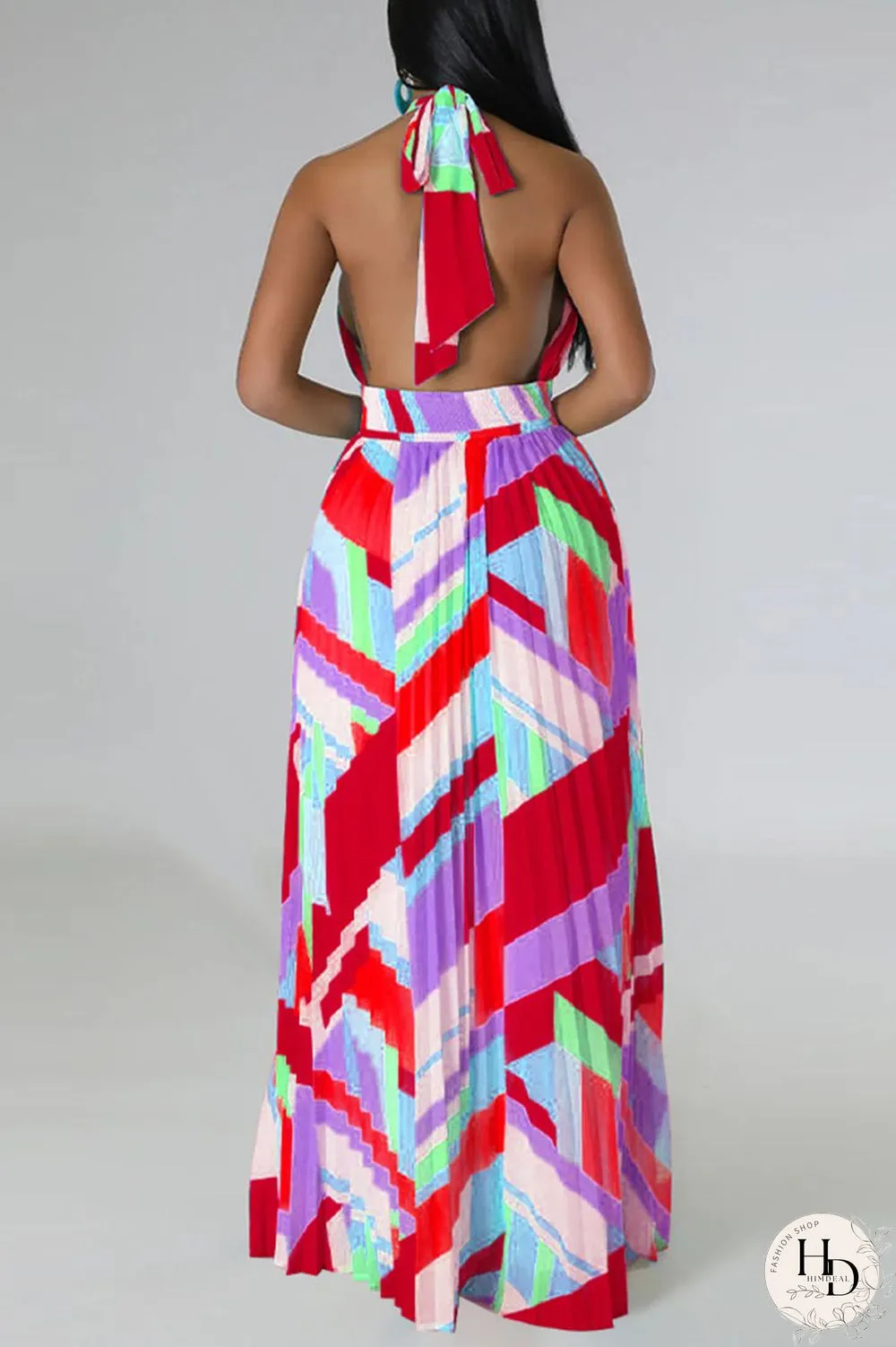 Black Sexy Print Patchwork Backless Fold Halter A Line Dresses