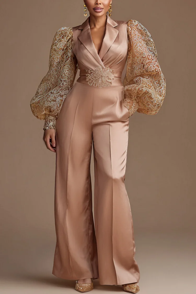 Xpluswear Design Plus Size Mother Of The Bride Tulle Champagne Turndown Collar Long Sleeve Pocket Elegant Satin Jumpsuits [Pre-Order]