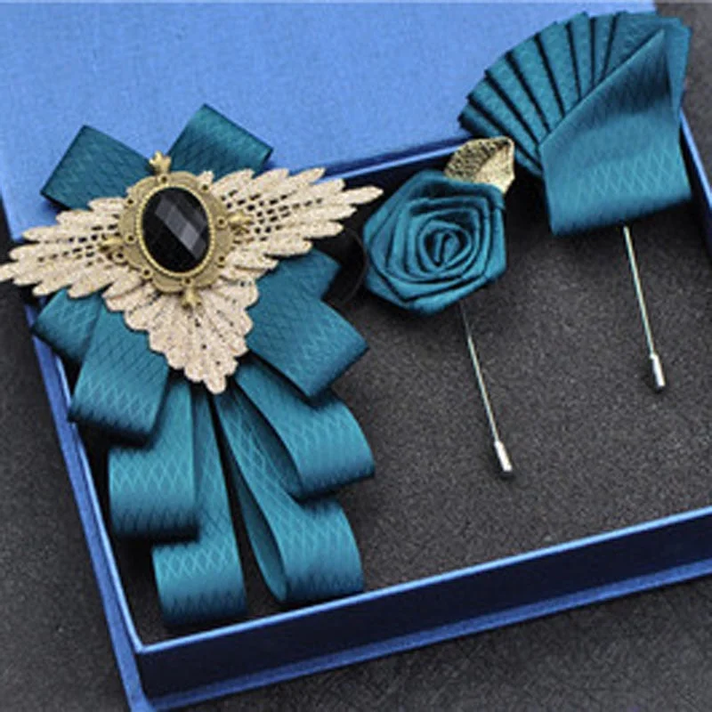 Fashion New Casual Multilayer Bowtie Diamond Brooch Rhinestone Red Bow Tie Brooch Set Wedding Groom Groomsmen Pocket Square Men