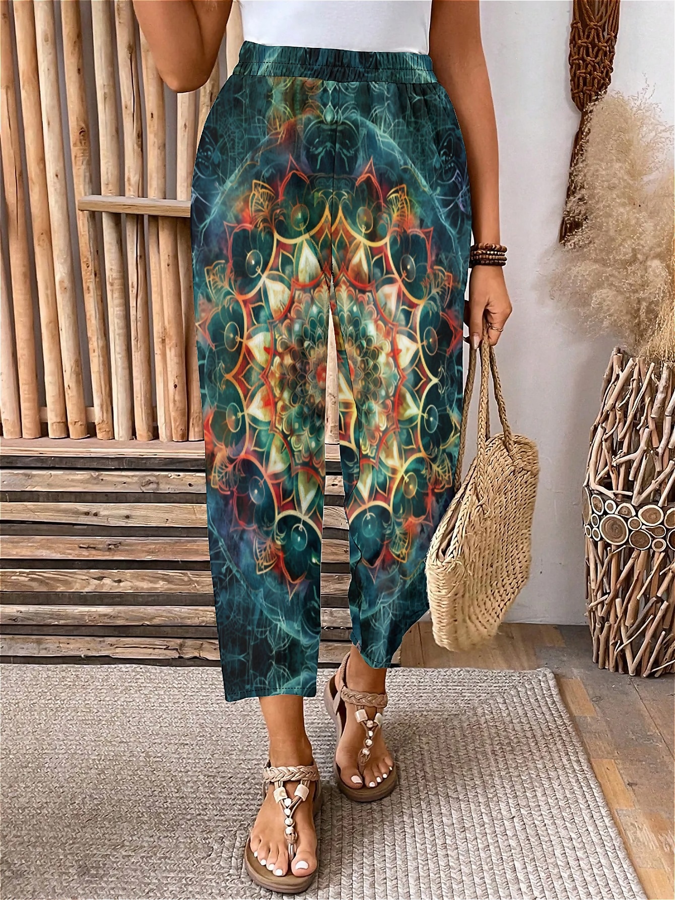 Plus Size Elastic Waist Bohemian Mosaic Printed Pants