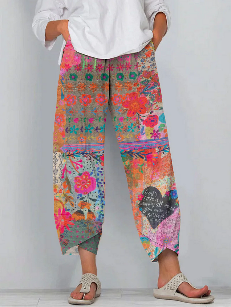 Vintage Floral Art Cropped Casual Pants