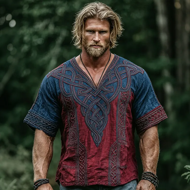 Men's Vintage Viking Celtic Knot Color Blocking Art Linen V-neck T-shirt