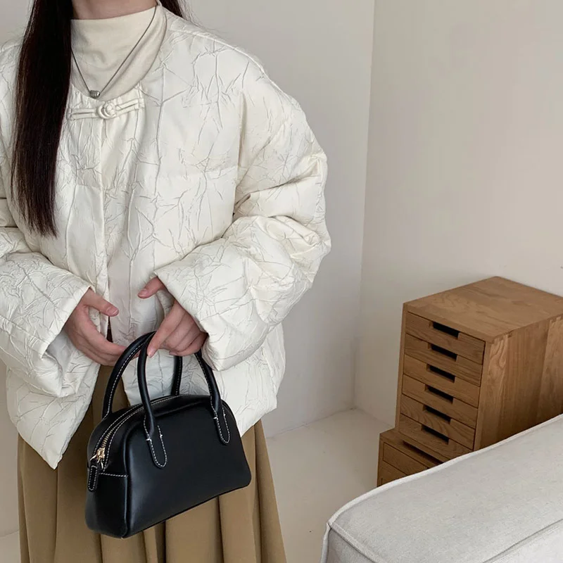 Woherb New Chinese Style Down Jacket Women's Short 2024 New Retro Bamboo Flower Round Collar Plate Buckle White Duck Down Casual Coat-Outfit Ideas
