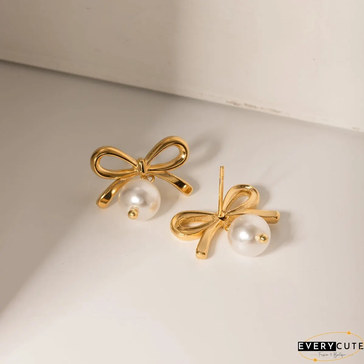 Stainless Steel Bow Pearl Earrings
