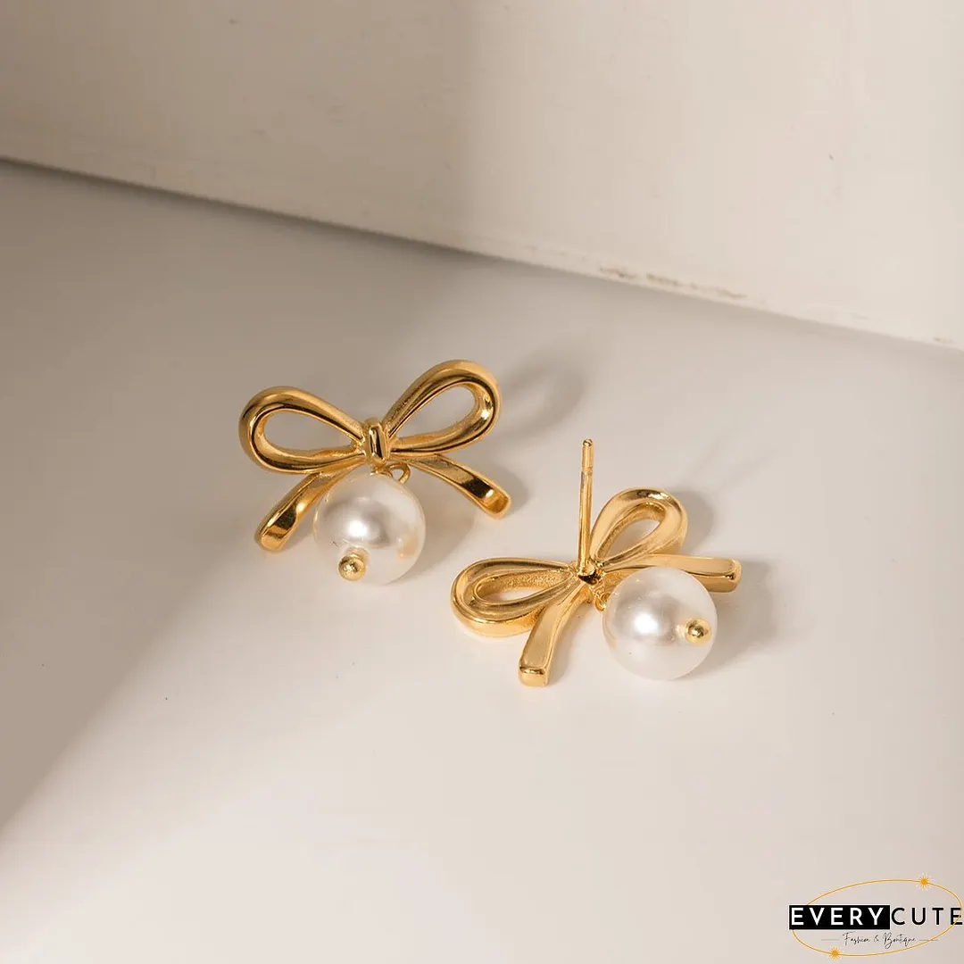 Stainless Steel Bow Pearl Earrings