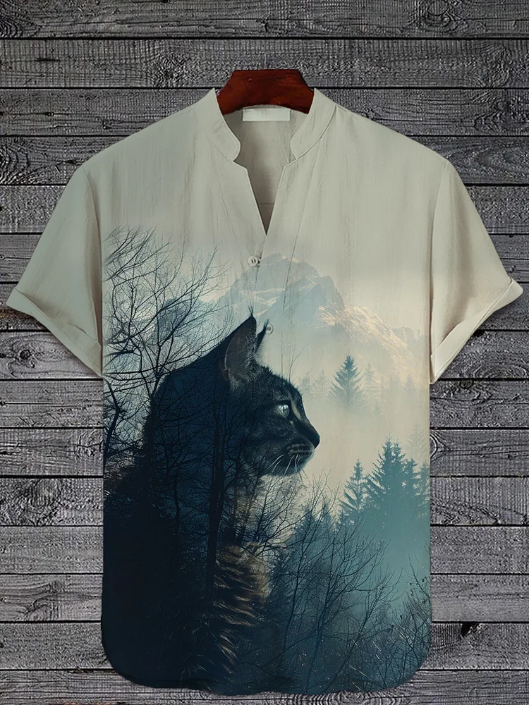 Men's Cat Of The Forest Art Print Half Button Short Sleeve Shirt