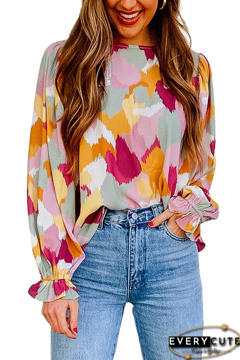 Multicolor Abstract Printed Long Sleeve Blouse