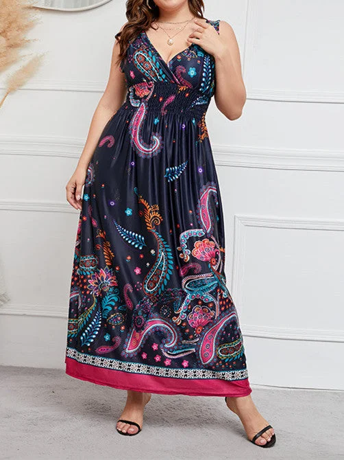 Women's Sleeveless V Neck Printed Plus Size Casual Dress