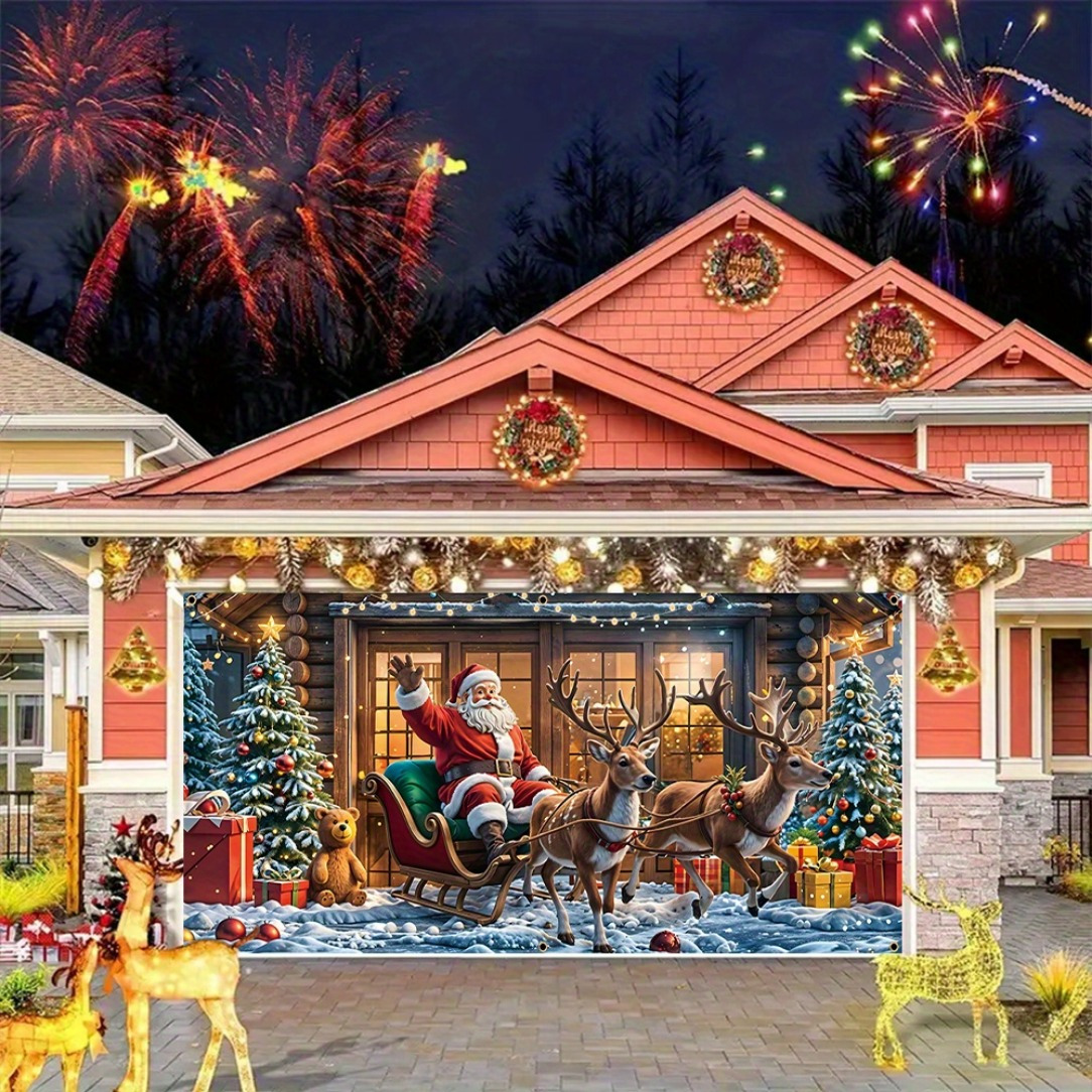 Tegooe Festive Christmas Garage Door Banner - Santa Sleigh Reindeer Holiday Decoration Multiple Sizes