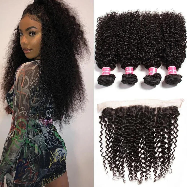 4 Bundles Malaysian Curly Hair with Ear to Ear Lace Frontal Closure- Hair