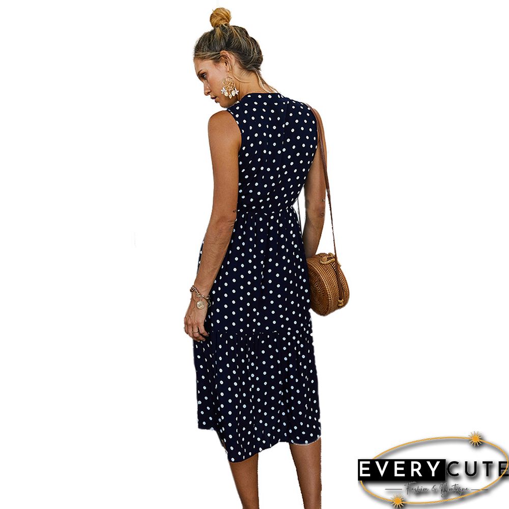Navy Blue Polka Dot Sleeveless Fashion Dress