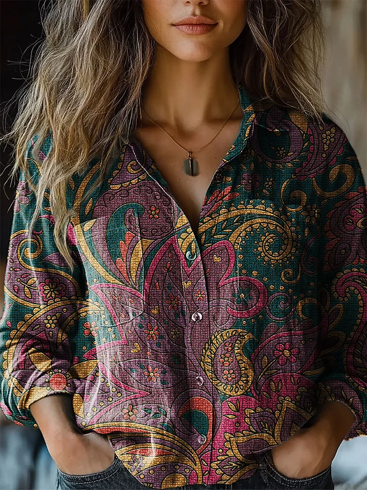 Women's Vintage Paisley Print Casual Long Sleeve Comfortable Cotton Shirt