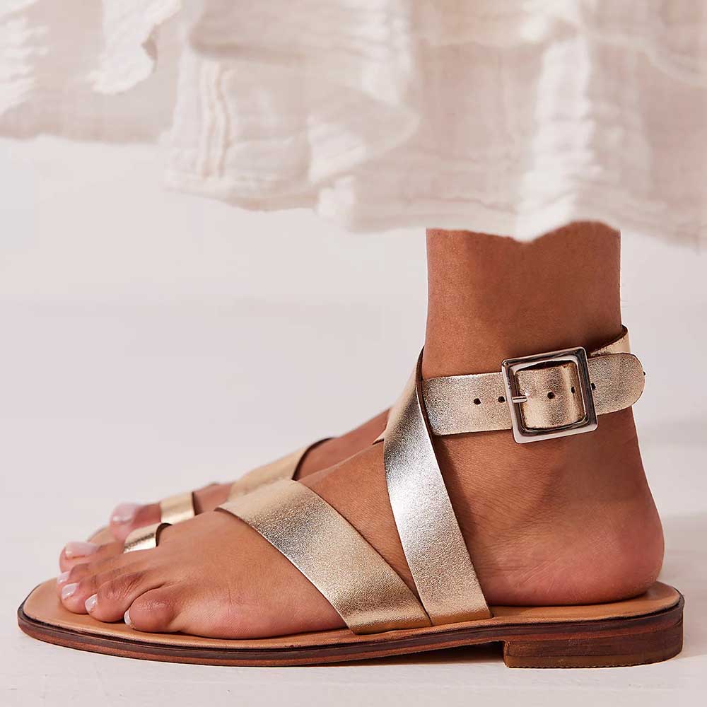 Gold Vegan Leather Square Toe Buckled Fastening Strap Flat Sandals Nicepairs