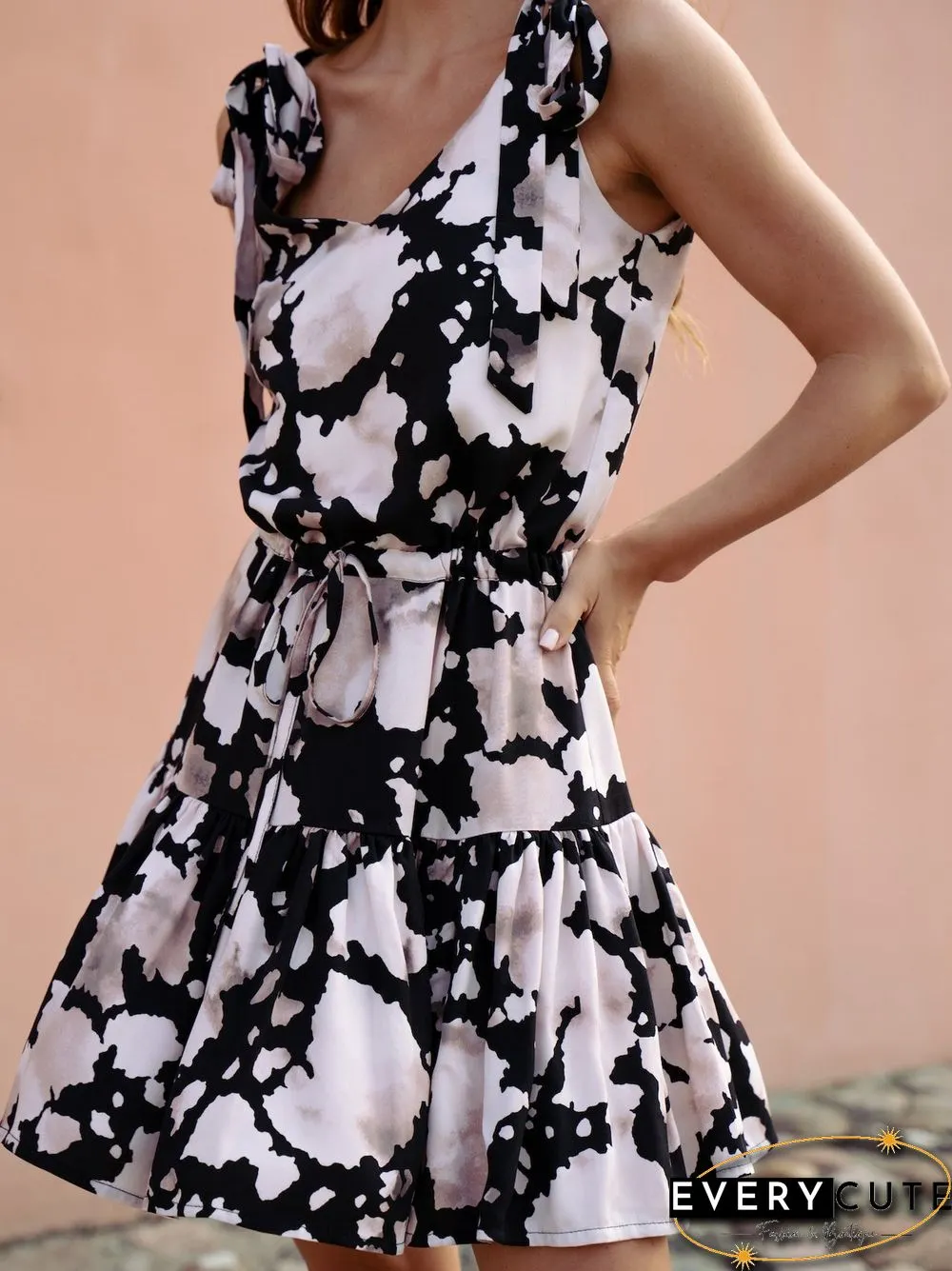 Women'S Dresses V-Neck Belted Ruffle Print Dress