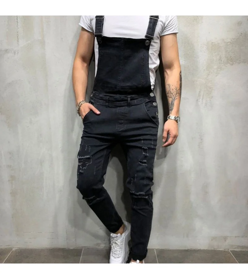 Men Fashion Ripped Hole Pocket Patchwork Denim Jumpsuits S-2XL