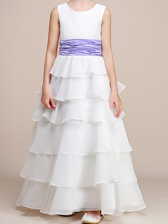 Oknass A-Line Sleeveless Jewel Neck Flower Girl Dresses Polyester With Ruching