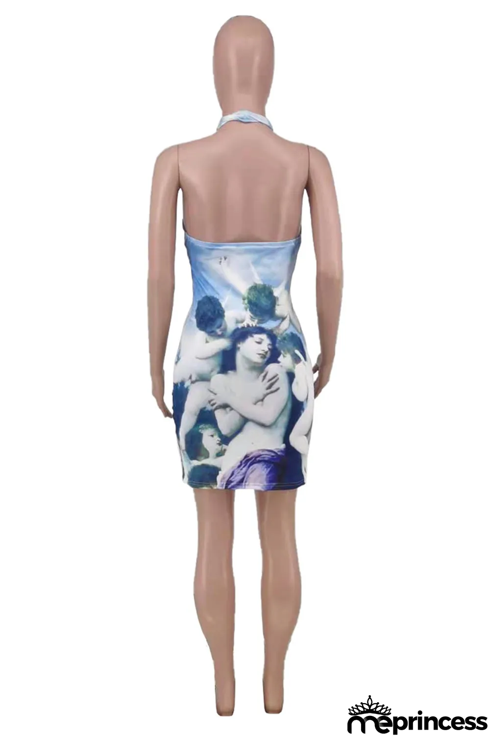 Sky Blue Fashion Sexy Print Backless Halter Sleeveless Dress