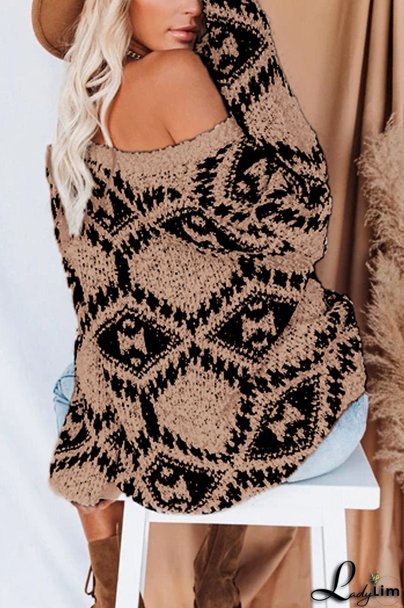 Oversized Geometric Print V Neck Sweater