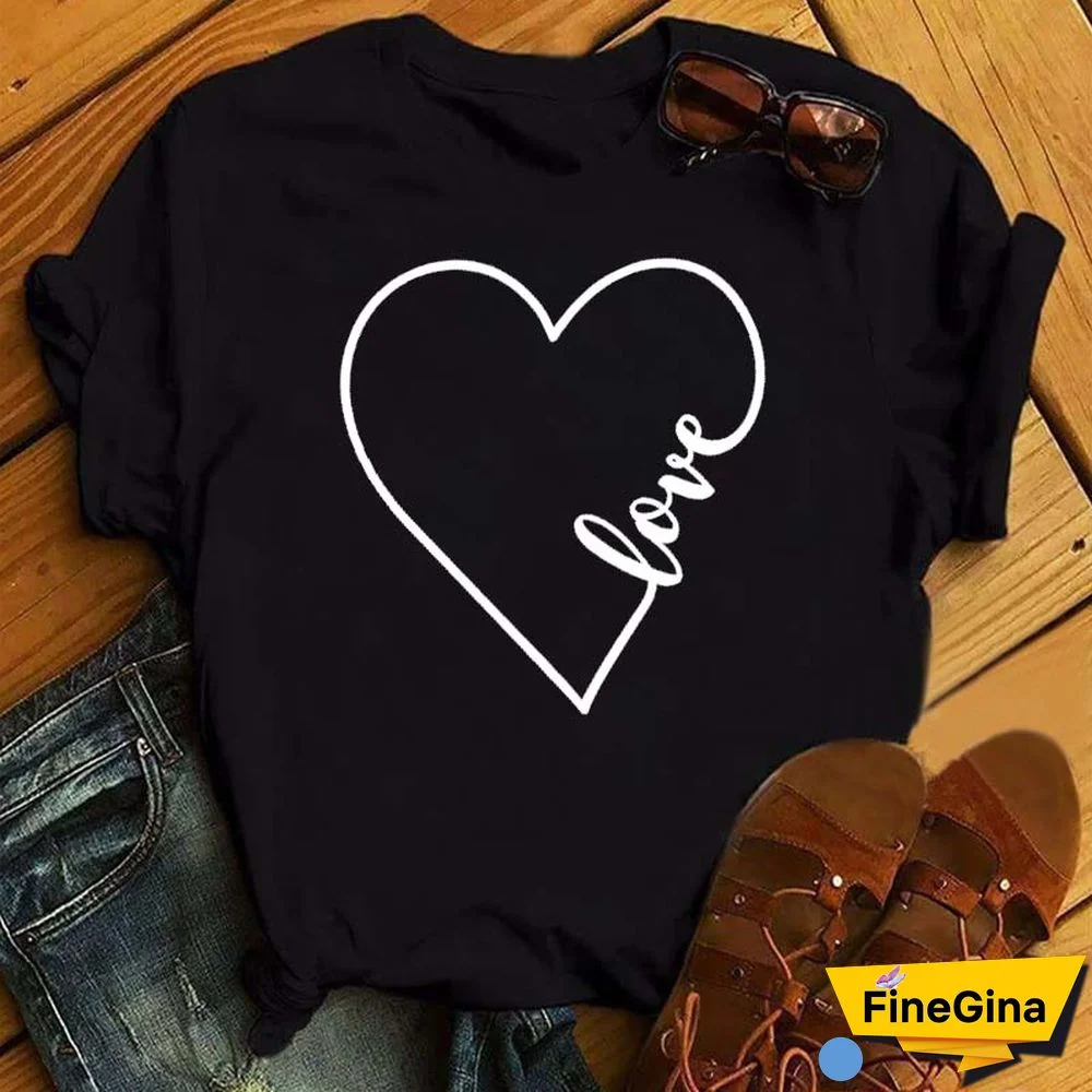 Maycaur Fashion Women T Shirt Love Heart Printed T Shirt Casual Red Tops 90s Valentine's Shirt Female Harajuku Graphic Tshirt