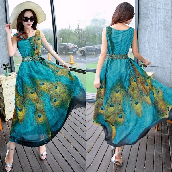 Women Chiffon Plus Sleeveless Tunic Peacock Floral Long Maxi Dress Sundress