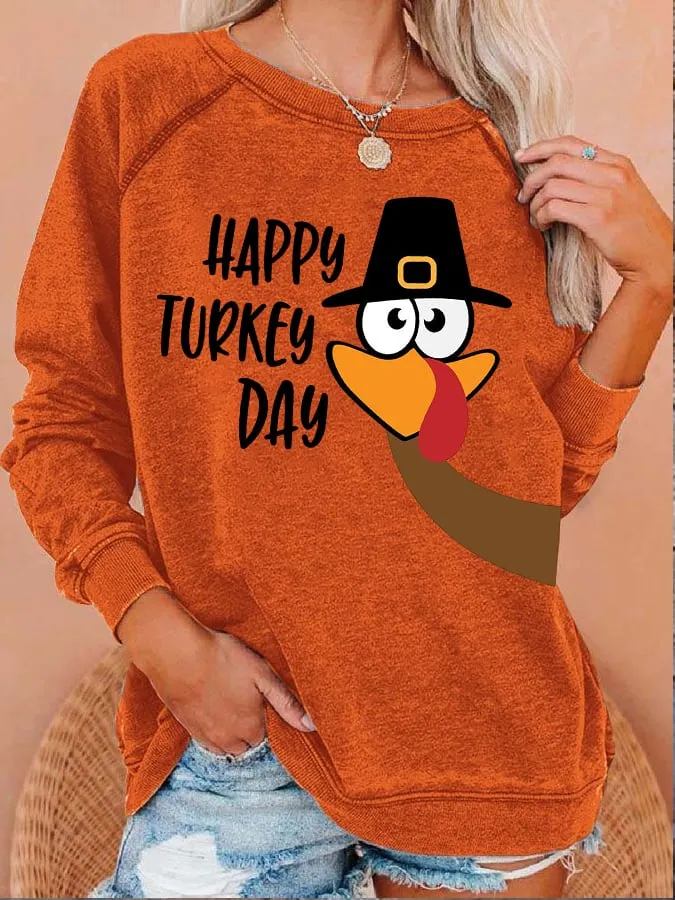Women'S Turkey Print Crew Neck Sweatshirt 