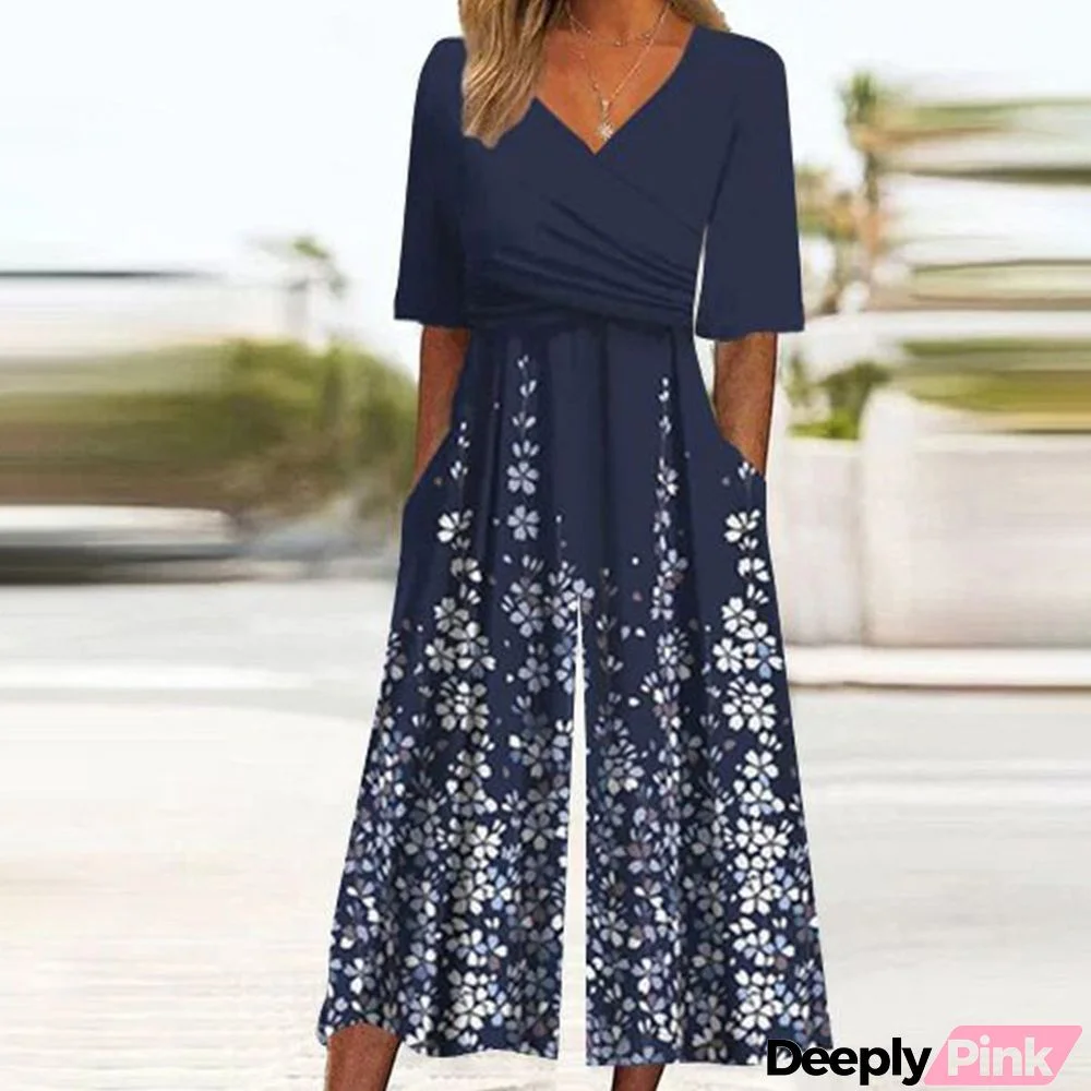 Navy Side Pocket Short Sleeve Jumpsuit