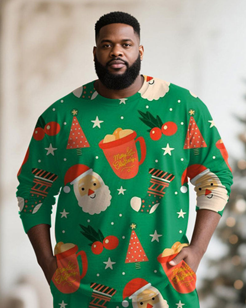 Big & Tall Men's Santa Claus Cartoon Green Print Long Sleeve T-Shirt Pants Set