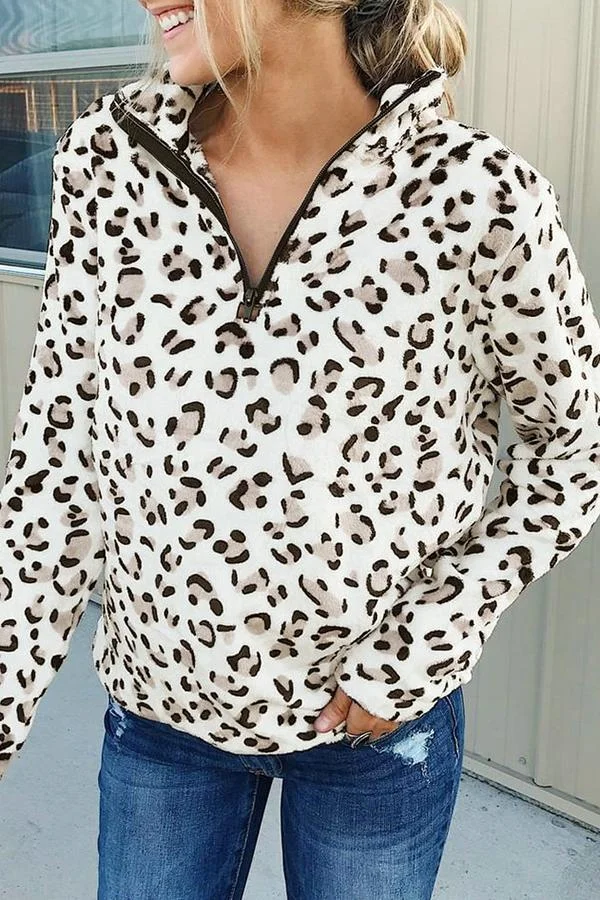 Leopard Print Mandarin Collar Sweatshirt-Allyzone-Allyzone