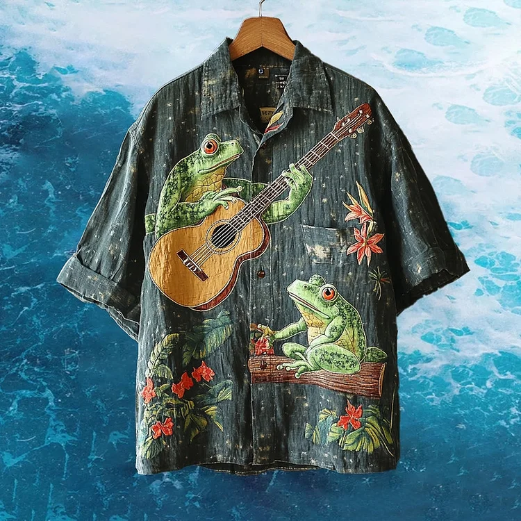 Men's Embroidered Funny Frog Playing Guitar Hawaiian Shirt