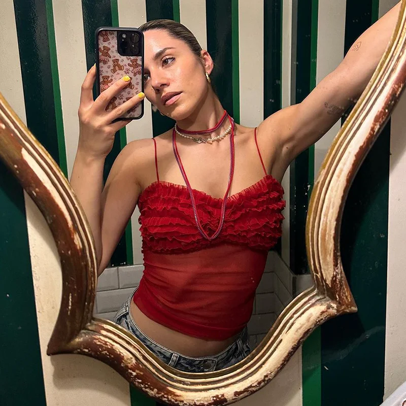 Toloer Toloer Desire Wind Sexy Pleated Lace Perspective Feeling Small Sling V Collar Slim Solid Color Bottom Vest Female-Outfit Ideas