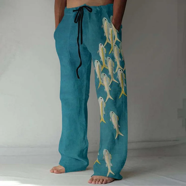 Japanese School Fish Art Linen Blend Casual Pants