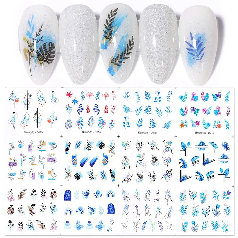 12pcs Plaid Cow Water Decals Flower Sliders Nail Stickers for Nails Inscriptions Nail Art Decoration French Style Water Sticker-Nail Inspo