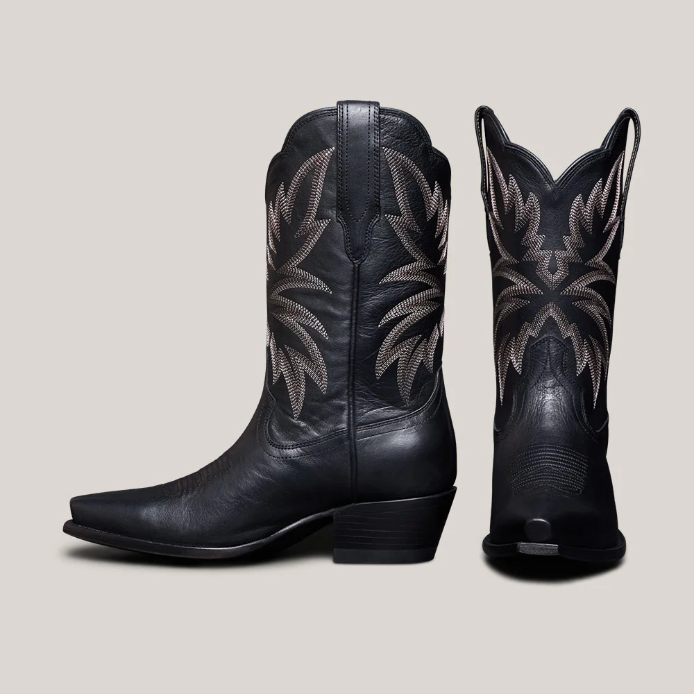 Women's Snip Toe Block Heel Black Embroidered Cowgirl Boots