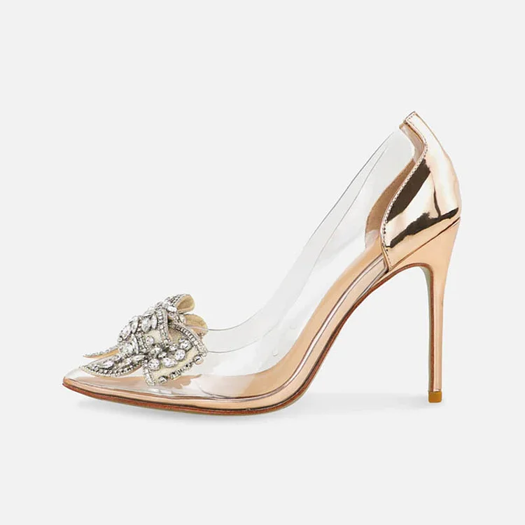 Gold Pointed Clear Shoes Women's Rhinestones Bow Heels Wedding Pumps |FSJ Shoes