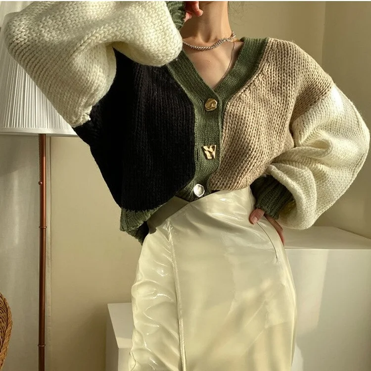 Elegant V-neck Contrast Color Spliced Cropped Irregular Buttons Knitted Cardigan